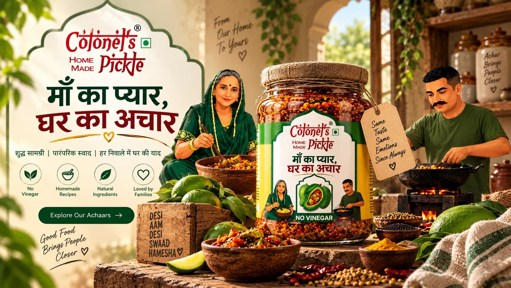 Colonel's Pickle homemade Indian achaar — maa ka pyaar, ghar ka achar. No vinegar, no artificial preservatives, natural ingredients, loved by families.