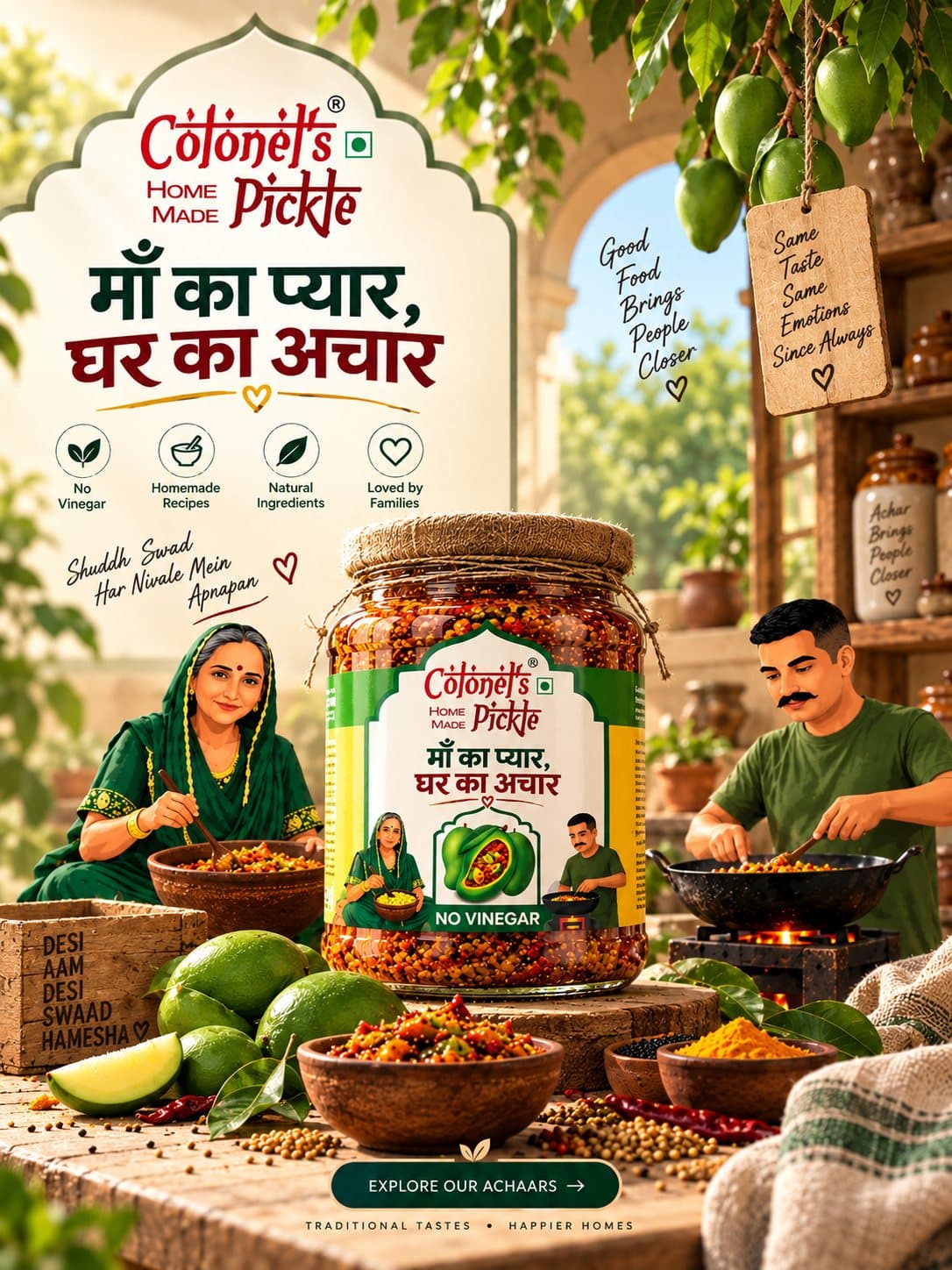 Colonel's Pickle homemade Indian achaar — maa ka pyaar, ghar ka achar. No vinegar, no artificial preservatives, natural ingredients, loved by families.